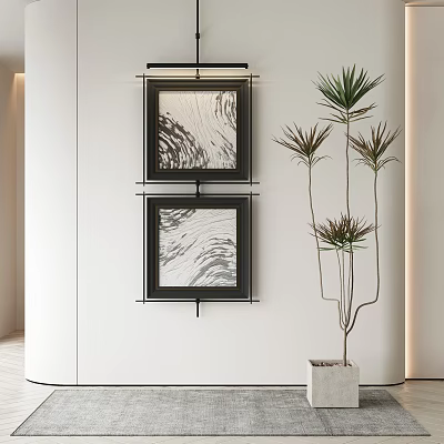 Tall Potted Plant In White Pot With Black White Decorative Paintings Against Curved White Wall 3d model