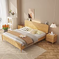 Double Bed with Wooden Headboard Nightstands Abstract Painting and Pendant Light in Modern Minimalist Style