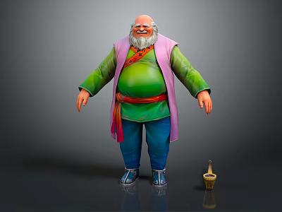 Chubby Old Man Cartoon Character With White Beard Green Top Purple Vest And Small Broom 3d model