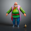 Chubby Old Man Cartoon Character With White Beard Green Top Purple Vest And Small Broom