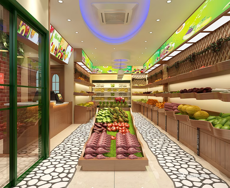 Fruit Store Interior With Fresh Varied Fruits Display On Organized Shelves 3d model 
