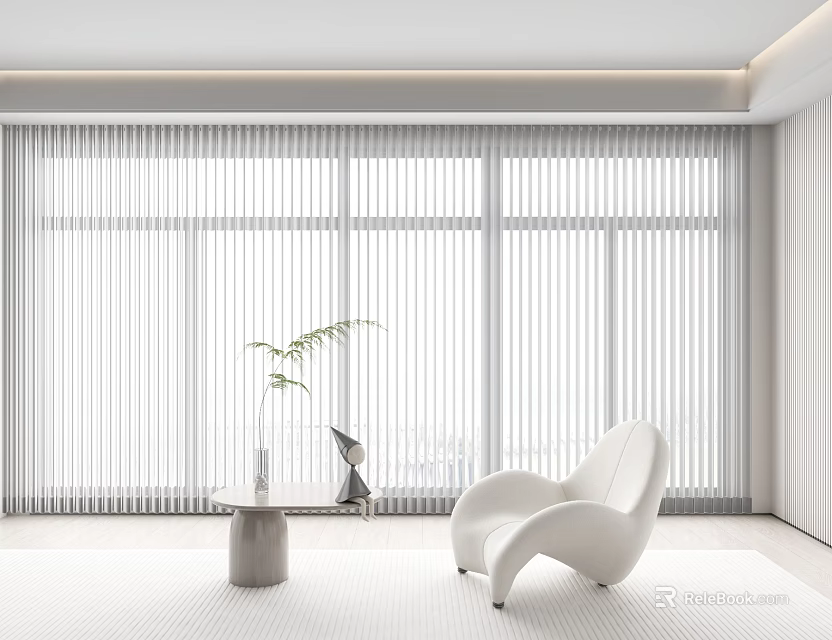 White Vertical Blinds In Modern Minimalist Room With Large Windows White Chair And Green Plant 3d model 