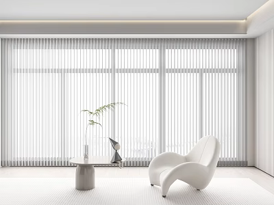 White Vertical Blinds In Modern Minimalist Room With Large Windows White Chair And Green Plant 3d model