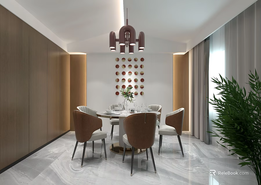 Modern Private Dining Room With Round Table And Chandelier 3d model