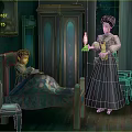 Young Girl Resting On Vintage Bed In Green Room With Woman Holding Tray And Lamp