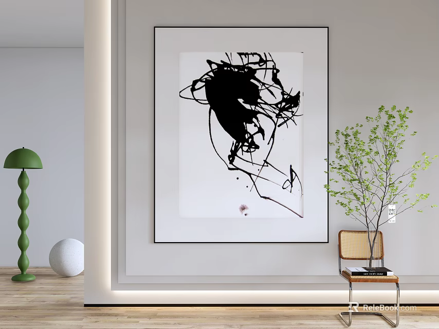Abstract Black White Wall Art With Green Floor Lamp White Decor And Wooden Chair 3d model 