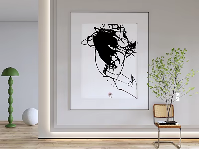 Abstract Black White Wall Art With Green Floor Lamp White Decor And Wooden Chair 3d model