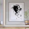 Abstract Black White Wall Art With Green Floor Lamp White Decor And Wooden Chair