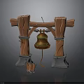 Wooden Pillar Frame Structure With Hanging Golden Bell And Mallet