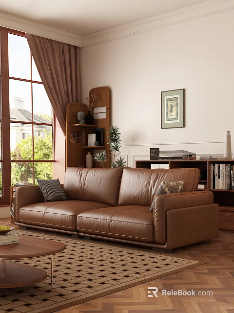 Brown Leather Multi person Sofa In Living Room With Bookshelf Window Curtains And Plants 3d model 