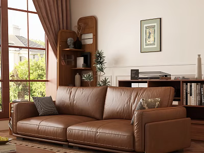 Brown Leather Multi person Sofa In Living Room With Bookshelf Window Curtains And Plants 3d model