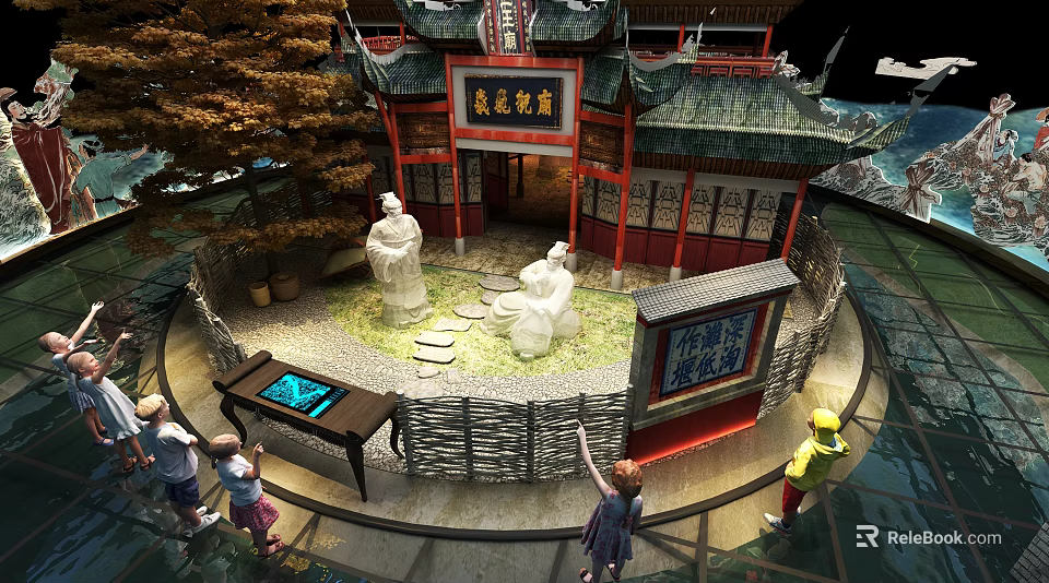 Traditional Culture Pavilion Featuring Ancient Architecture Children Interacting Near Stone Statues And Display Area 3d model 