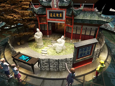 Traditional Culture Pavilion Featuring Ancient Architecture Children Interacting Near Stone Statues And Display Area 3d model