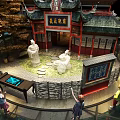Traditional Culture Pavilion Featuring Ancient Architecture Children Interacting Near Stone Statues And Display Area