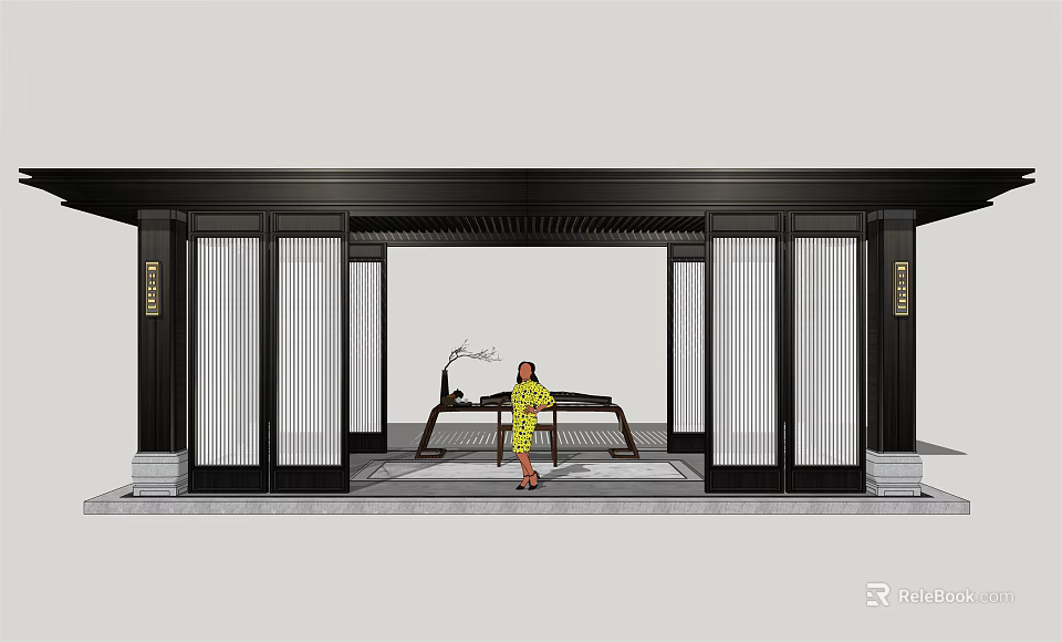 Chinese Traditional Interior Featuring Black Frame Lattice Doors Wooden Table And Yellow Dress Person 3d model 