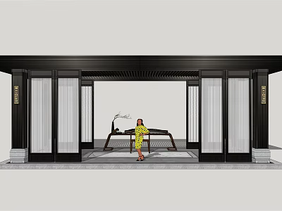 Chinese Traditional Interior Featuring Black Frame Lattice Doors Wooden Table And Yellow Dress Person 3d model