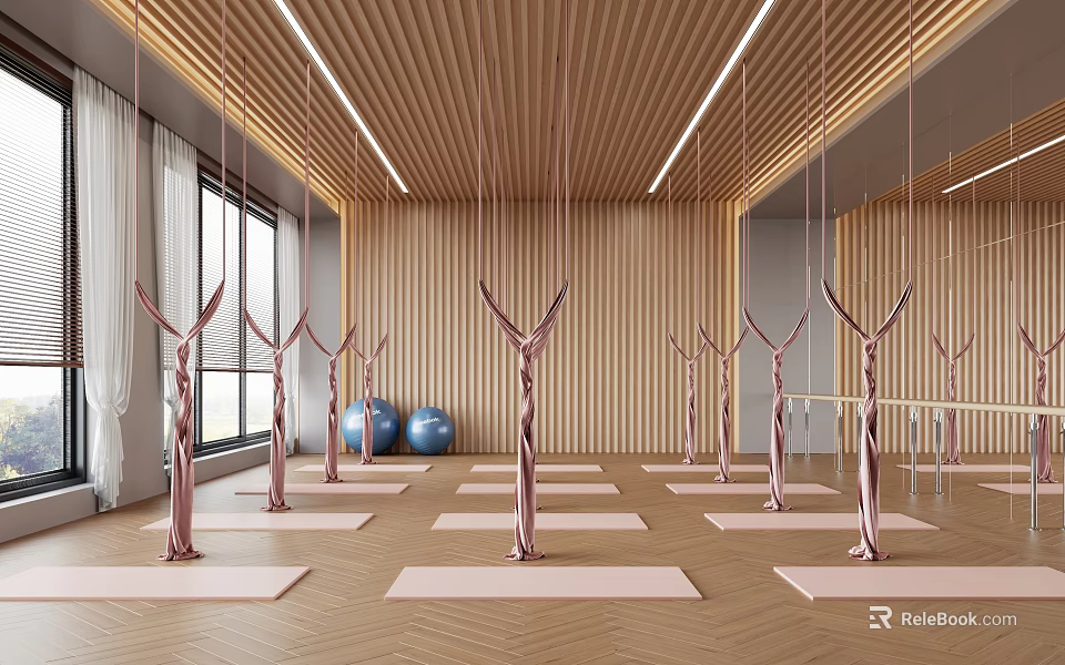 Modern Yoga Studio Interior With Pink Hammocks Yoga Mats Wooden Walls And Floor-to-Ceiling Windows 3d model 