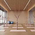 Modern Yoga Studio Interior With Pink Hammocks Yoga Mats Wooden Walls And Floor-to-Ceiling Windows