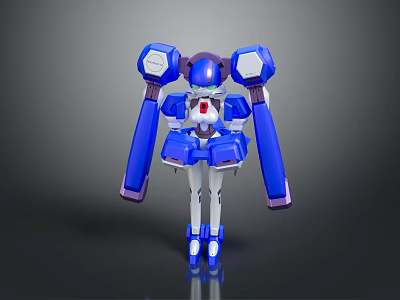 Robot Character Design With Blue White Body Large Mechanical Arms Purple Head And Red Chest 3d model