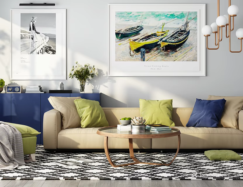 Beige Sofa And Wooden Coffee Table Set With Green Blue Cushions Paintings And Geometric Rug 3d model 