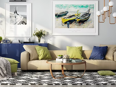 Beige Sofa And Wooden Coffee Table Set With Green Blue Cushions Paintings And Geometric Rug 3d model