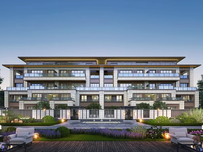 Modern Townhouse Exterior Design With Glass Balconies Courtyard Landscaping And Lighting 3d model