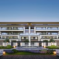 Modern Townhouse Exterior Design With Glass Balconies Courtyard Landscaping And Lighting