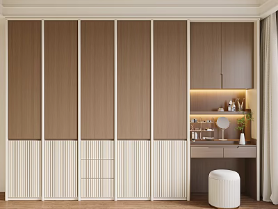 Modern Wooden Wardrobe With Brown White Panels Drawers And Vanity Area 3d model