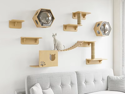 Wooden Cat Wall Mounted Furniture With Platforms And Scratching Posts 3d model