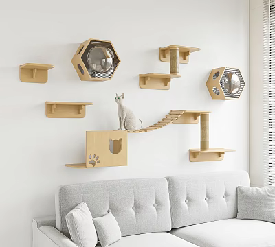 Wooden Cat Wall Mounted Furniture With Platforms And Scratching Posts 3d model