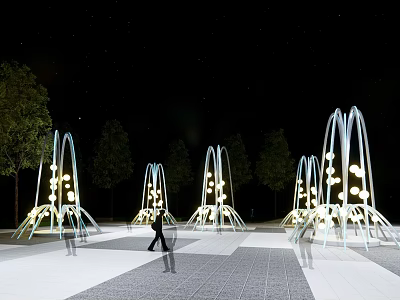 Night Scene With Arched Fountains Lighting Trees Square And People Walking 3d model