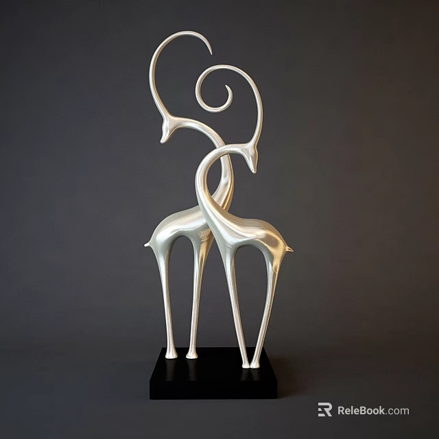 Silver Deer Decorative Ornament Set with Intertwined Necks and Black Base for Modern Home 3d model 