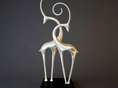 Silver Deer Decorative Ornament Set with Intertwined Necks and Black Base for Modern Home 3d model