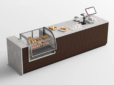 Modern Checkout Counter With Glass Display Case Cookies POS Machine And Wooden Striped Countertop Design 3d model