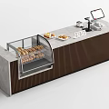 Modern Checkout Counter With Glass Display Case Cookies POS Machine And Wooden Striped Countertop Design