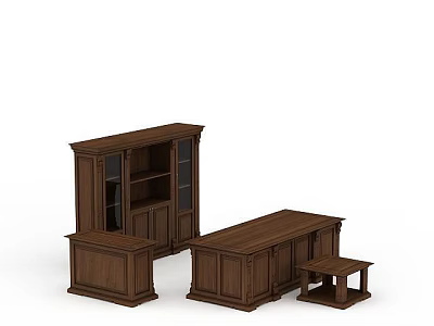 Sturdy Wooden Office Furniture Setup With Desk Bookcase And Side Table 3d model