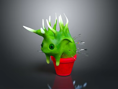 Cartoon Green Spiky Plant with White Spikes Big Eyes in Red Pot 3d model