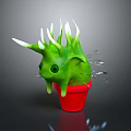 Cartoon Green Spiky Plant with White Spikes Big Eyes in Red Pot