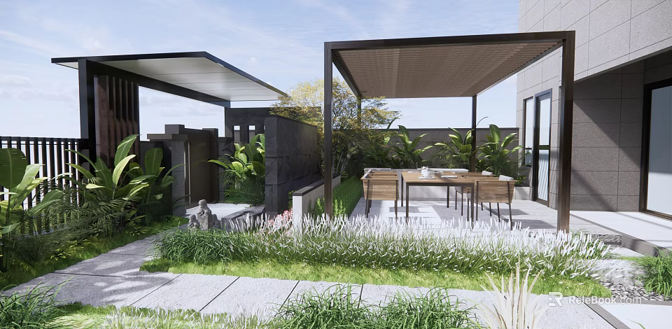 Courtyard Garden Design With Shaded Pergola Outdoor Dining Area Green Plants And Stone Pathway 3d model 