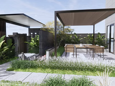 Courtyard Garden Design With Shaded Pergola Outdoor Dining Area Green Plants And Stone Pathway 3d model