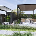 Courtyard Garden Design With Shaded Pergola Outdoor Dining Area Green Plants And Stone Pathway