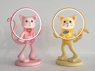 Pink and Yellow Cat Shaped Floor Lamp with Round Light Ring and LOVE JOY Scarves 3d model
