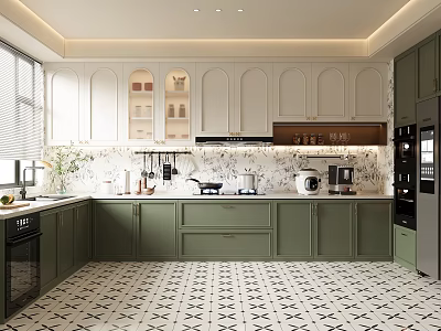 Modern Open Kitchen Interior With Green Cabinets White Countertop And Patterned Floor Tiles 3d model
