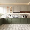 Modern Open Kitchen Interior With Green Cabinets White Countertop And Patterned Floor Tiles