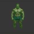 Muscular Man Standing with Well Developed Physique in Blue Shorts Against Gray Background