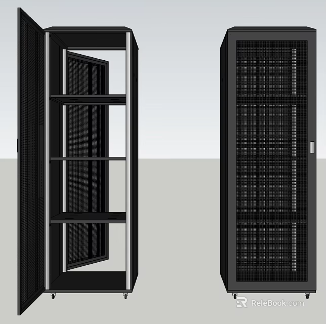Two Black Server Racks Featuring Glass Doors And Metal Frame Structure 3d model 