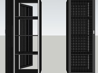 Two Black Server Racks Featuring Glass Doors And Metal Frame Structure 3d model