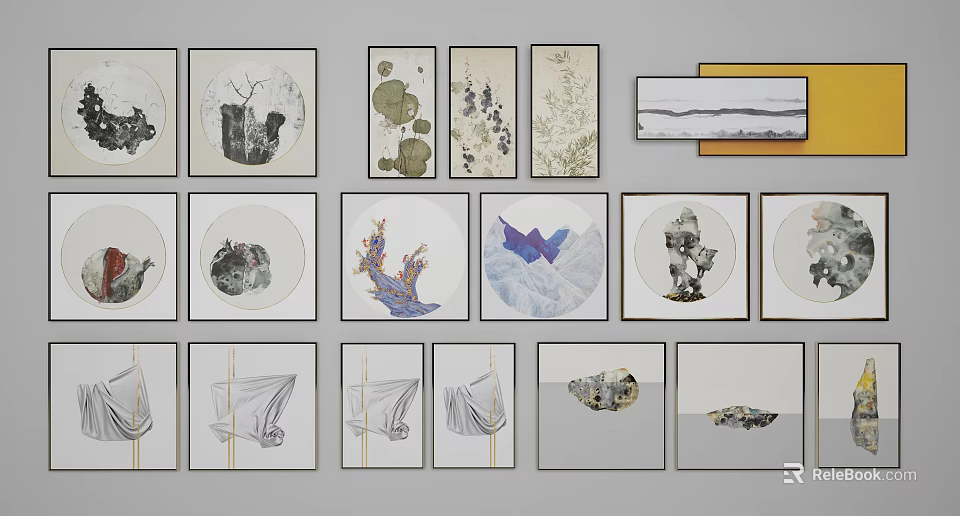 Abstract Paintings Framed Artwork Collection With Diverse Patterns And Design Elements 3d model