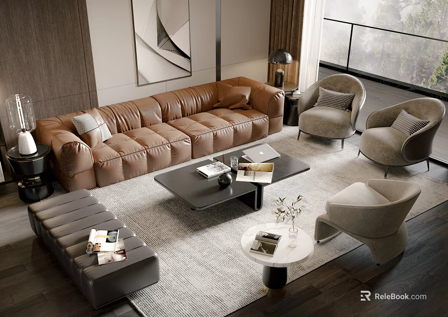 Modern Brown Leather Sofa Coffee Table Set With Armchairs And Gray Rug 3d model