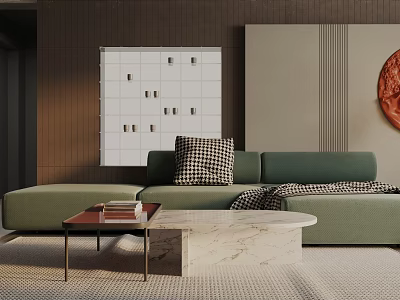 Green Three Seater Sofa With Black And White Checkered Cushion Blanket And Marble Coffee Table 3d model